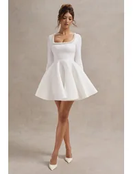 white square neck long sleeve skater mini dress white square neck skater dress Modal Square Neck Long Sleeve Mini Dress in  White