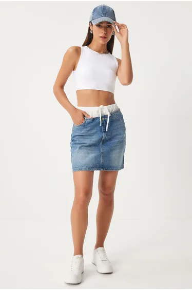 Women's Blue Boxer Detailed Denim Skirt