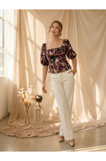 Black Square Neck Printed Top