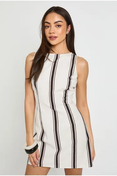 Linen Stripe Shift Dress - ivory