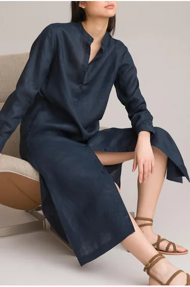 فستان ميداكسي كتان بأكمام طويلة