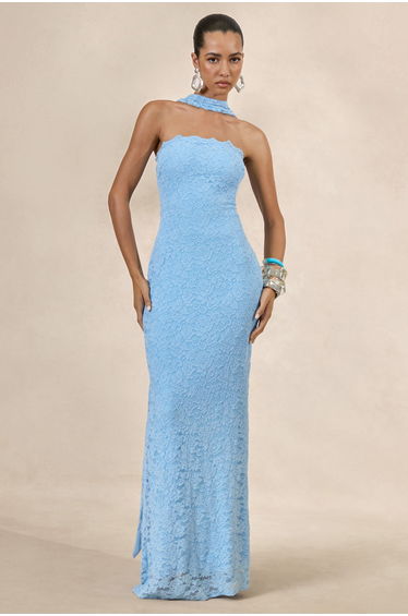 Massima | Light Blue Lace Bandeau Maxi Dress With Scarf-Detail