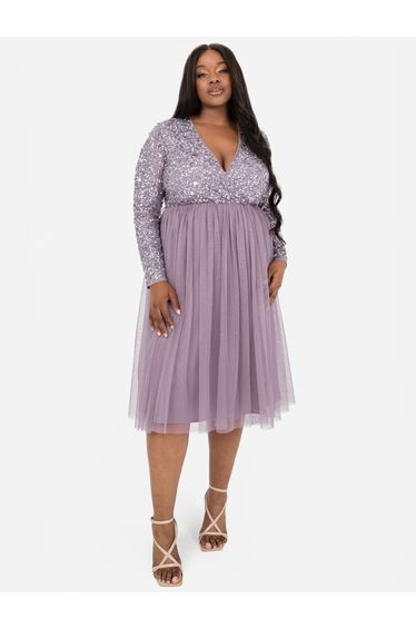 Maya Moody Lilac Faux Wrap Front Embellished Midi Dress