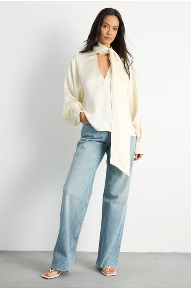 Scarf Detail V Neck Satin Blouse