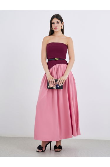 Women Color Block Strapless A-Line Maxi Dress with Belt Detail