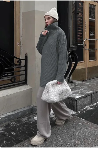 Anthracite Zipper Collar Oversize Sweater