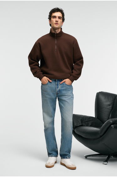 GRIMELANGE BAXTER Men's Stand Collar Zippered Relaxed Brown Sweatshirt
