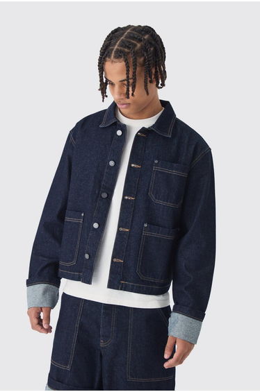 Boxy Fit Turn Up Denim Jacket In Indigo - indigo