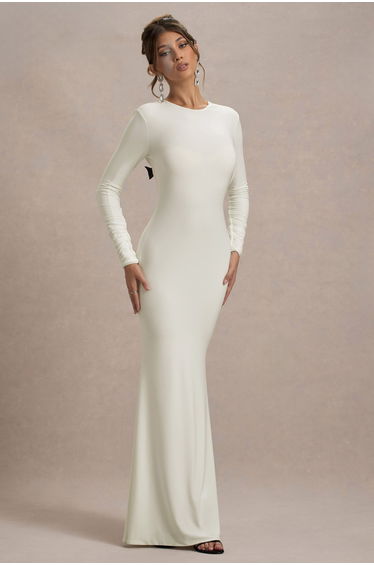 Rosalee | Cream Long-Sleeve Cowl-Back Fishtail Dress With Bows