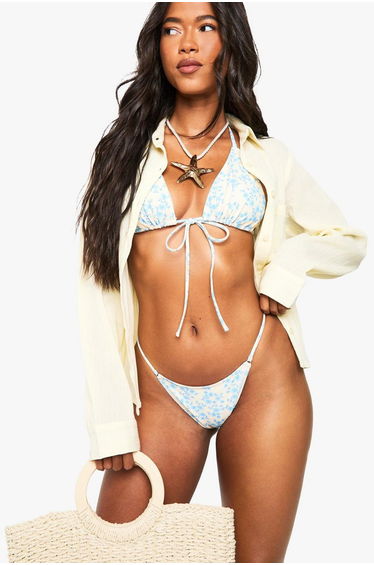 Floral Print Tie Front Triangle Bikini Top - multi