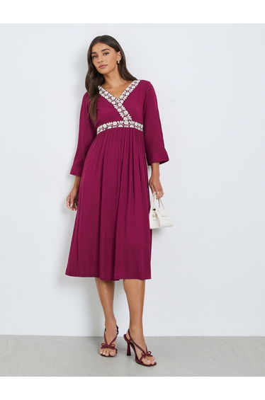 Women Magenta Embroidery Lace A-Line Midi Dress
