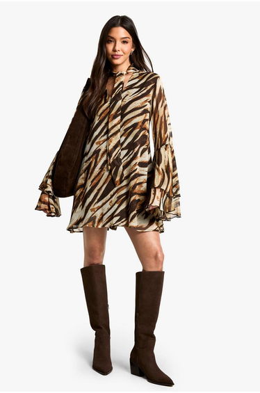 Zebra Flare Sleeve Chiffon Smock Dress - brown