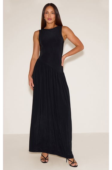 Tall Black Double Layer Soft Touch Asymmetric Dropped Waist Maxi Dress