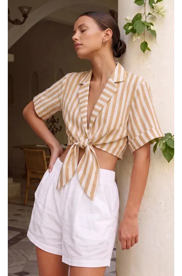 Stripes Print Notched Lapel Tie-Up Short-Sleeve Shirt