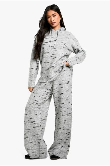 Soft Knit Marl Slouchy Wide Leg Knitted Trouser - grey
