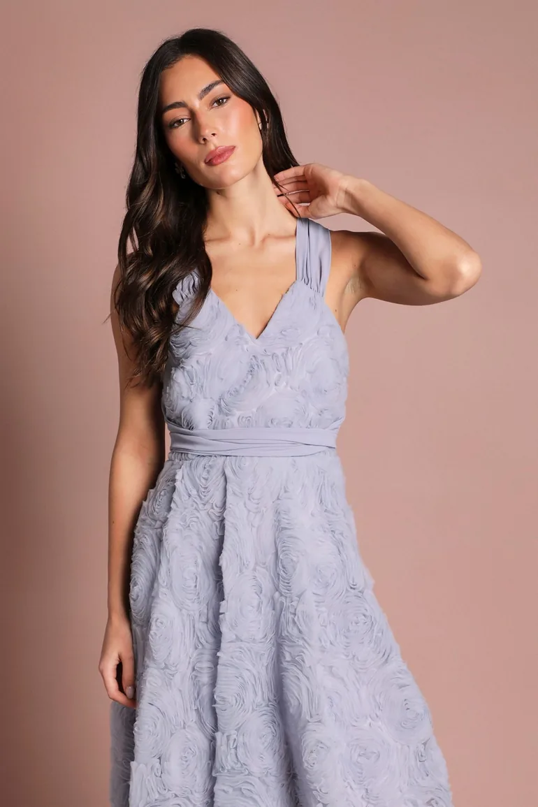 Embroidered Mesh Floral Textured Midi Dress - 3
