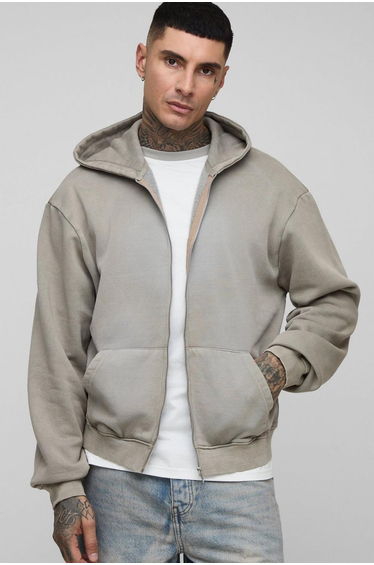 Tall Oversized Boxy Spray Wash Zip Through Hoodie - taupe