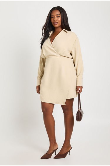 Plus Peached Collared Wrap Shirt Dress - stone
