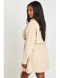 Plus Peached Collared Wrap Shirt Dress - stone - 1