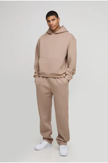 Oversized Boxy Bonded Scuba Hooded Tracksuit - taupe