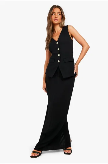 Linen Look Column Fitted Maxi Skirt - black