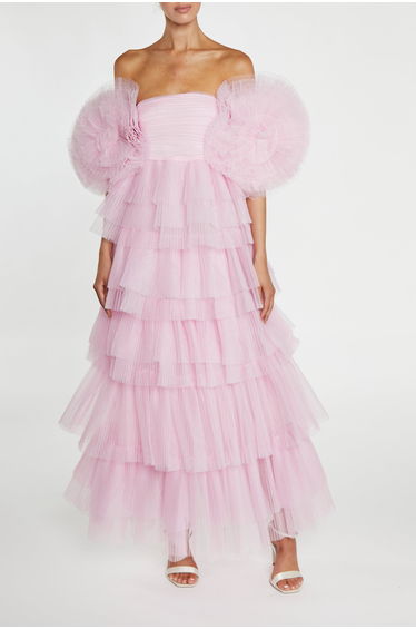 Nancy Powder-Pink 3D Flower Sleeve Tiered Maxi Dress