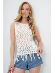 Women's Ecru Crew Neck Hole Openwork Tasseled Knitwear Strap Blouse - 3