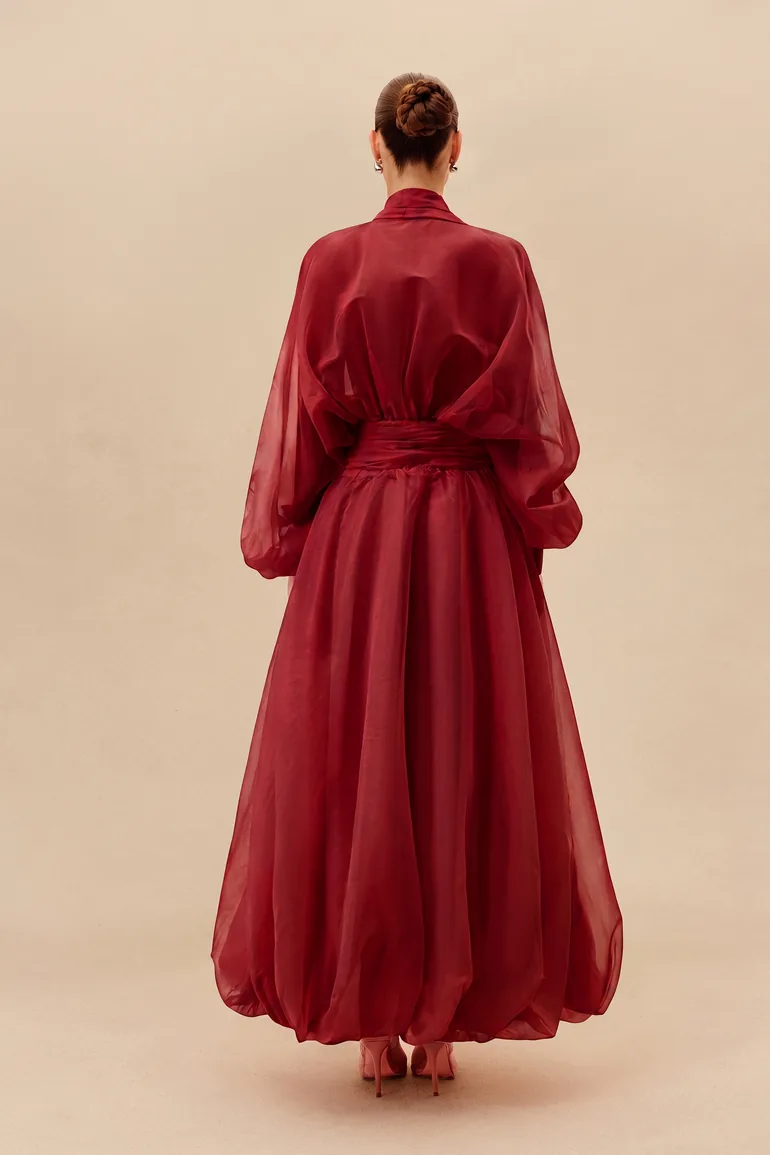 Elegant Moment Burgundy Deep V-neck Puff Sleeve Maxi Dress - 3