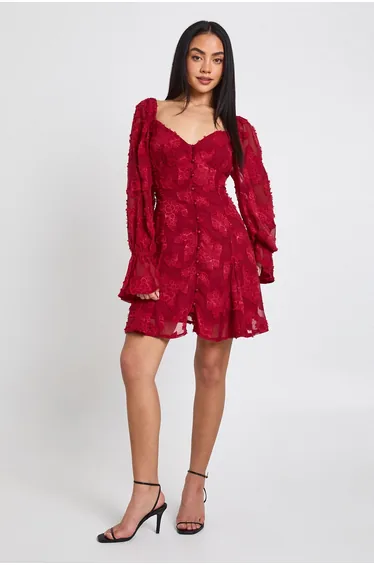 Burnout Floral Godet Hem Mini Dress - merlot