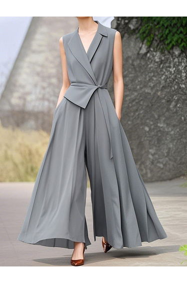 High Waisted Loose Pleated Pockets Solid Color Tied Notched Collar Jumpsuits