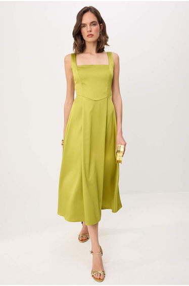 Green Plain Woven Satin Midi Unlined Dress