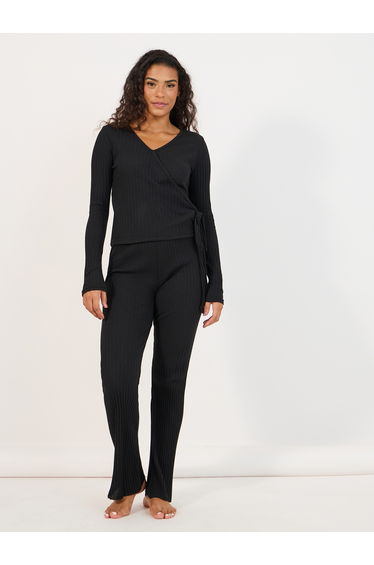 Brushed Rib Wrap Tie Top and Flared Trouser Lounge Set
