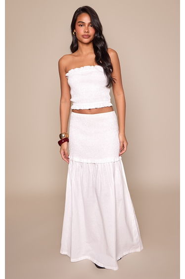 White Shirred Contrast Maxi Skirt