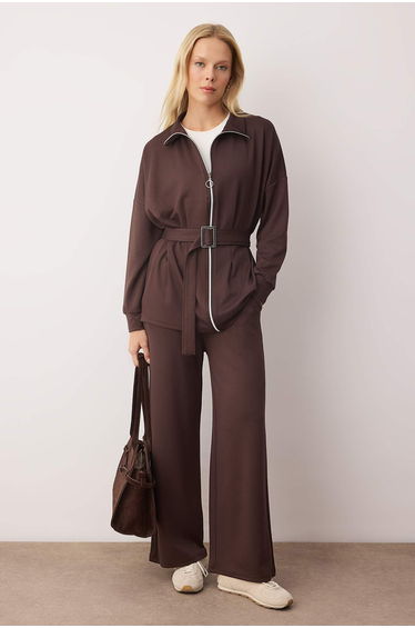 Brown regular waffle plain knit hijab bottom - top set