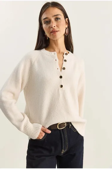 LUCCI Relaxed Fit Button Collar Knit Sweater