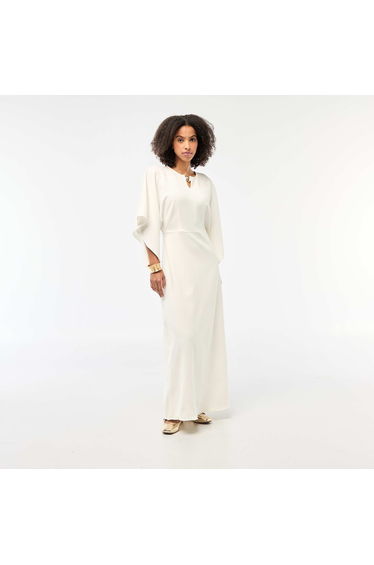 Crepe Knit Maxi Dress with Gold-Tone Jewelry Detail WHITE