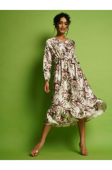 All-Over Print Wrap V-Neck Neck Midi Dress with Waist Tie-Up