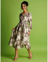 All-Over Print Wrap V-Neck Neck Midi Dress with Waist Tie-Up - 1