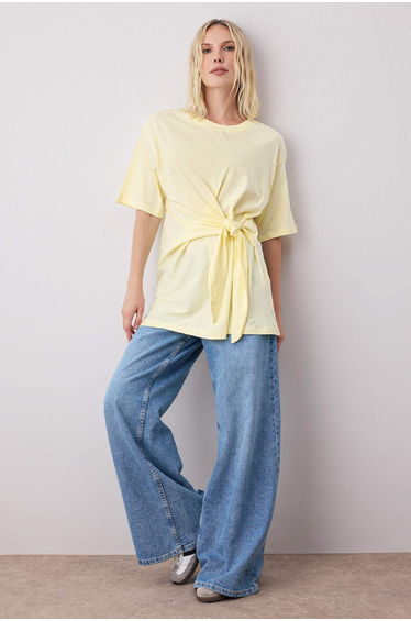 Yellow 100% Cotton Lacing Detailed Crew Neck Short Sleeve Knitted top