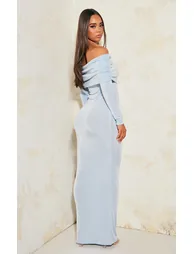 light blue acetate slinky bardot long sleeve maxi dress Women's Sage Green Acetate Slinky Bardot Long Sleeve Maxi Dress