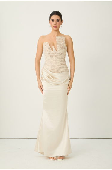 Love Potion Beige Strapless Lace Corset Maxi Dress