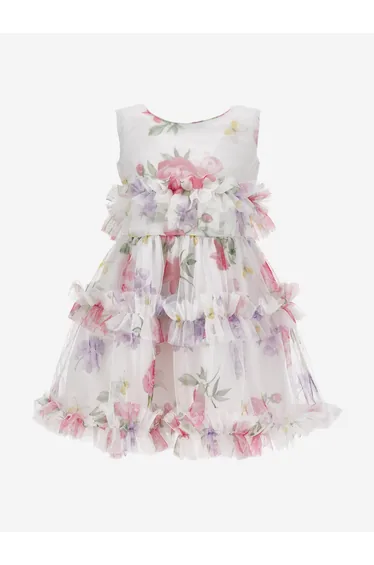 Monnalisa Girls Tulle Flower Dress in White