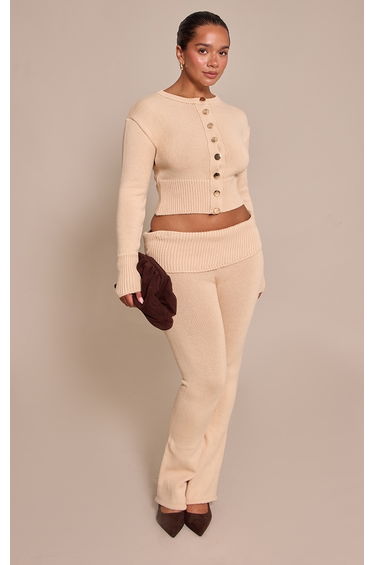 Shape Oatmeal Knitted Foldover Flare Leg Trousers