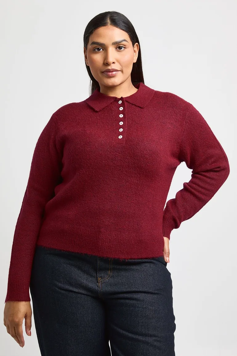 Plus Button Collared Knitted Jumper - burgundy
