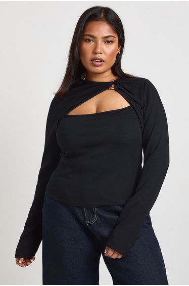 Plus Rib Gold Trim Detail Cut Out Long Sleeve