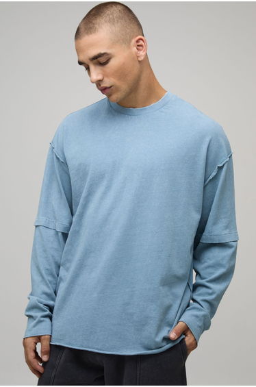 Oversized Washed Heavyweight Exposed Seams Faux Layer T-Shirt - dusty blue