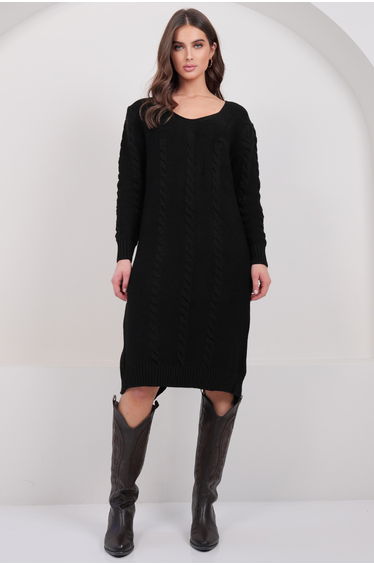Women's Black V-Neck Midi Length Knitwear Dress