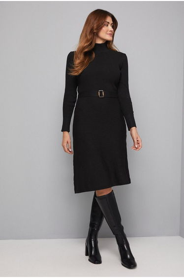 Rib Detail High Neck Belted Knitted Dress