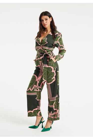 Women's Jumpsuit in Dark Green with Long Sleeves, Floral Print, Relaxed Fit - Liquorish product thumbnail 3