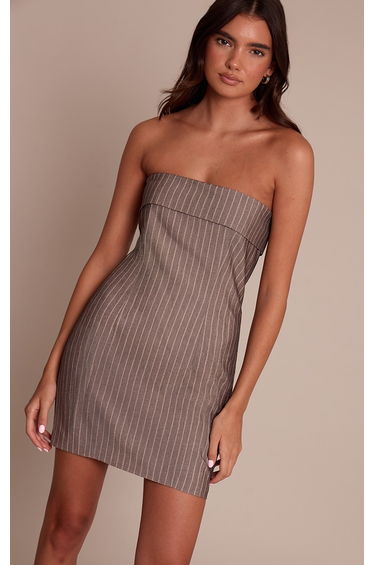 Brown Pinstripe Bandeau Fold Over Bodycon Dress